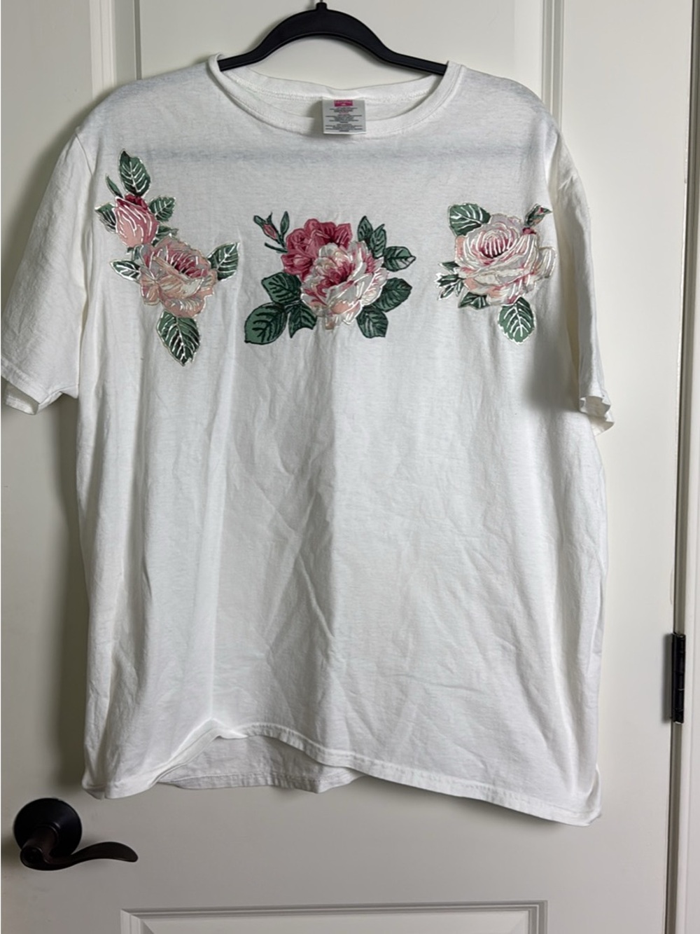 Hanes White Tee with Pink Floral Embroidery